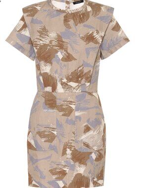 Isabel Marant Ilesa Dress NWT Abstract Print Cotton Linen Mini FR 38 US 6 Tan